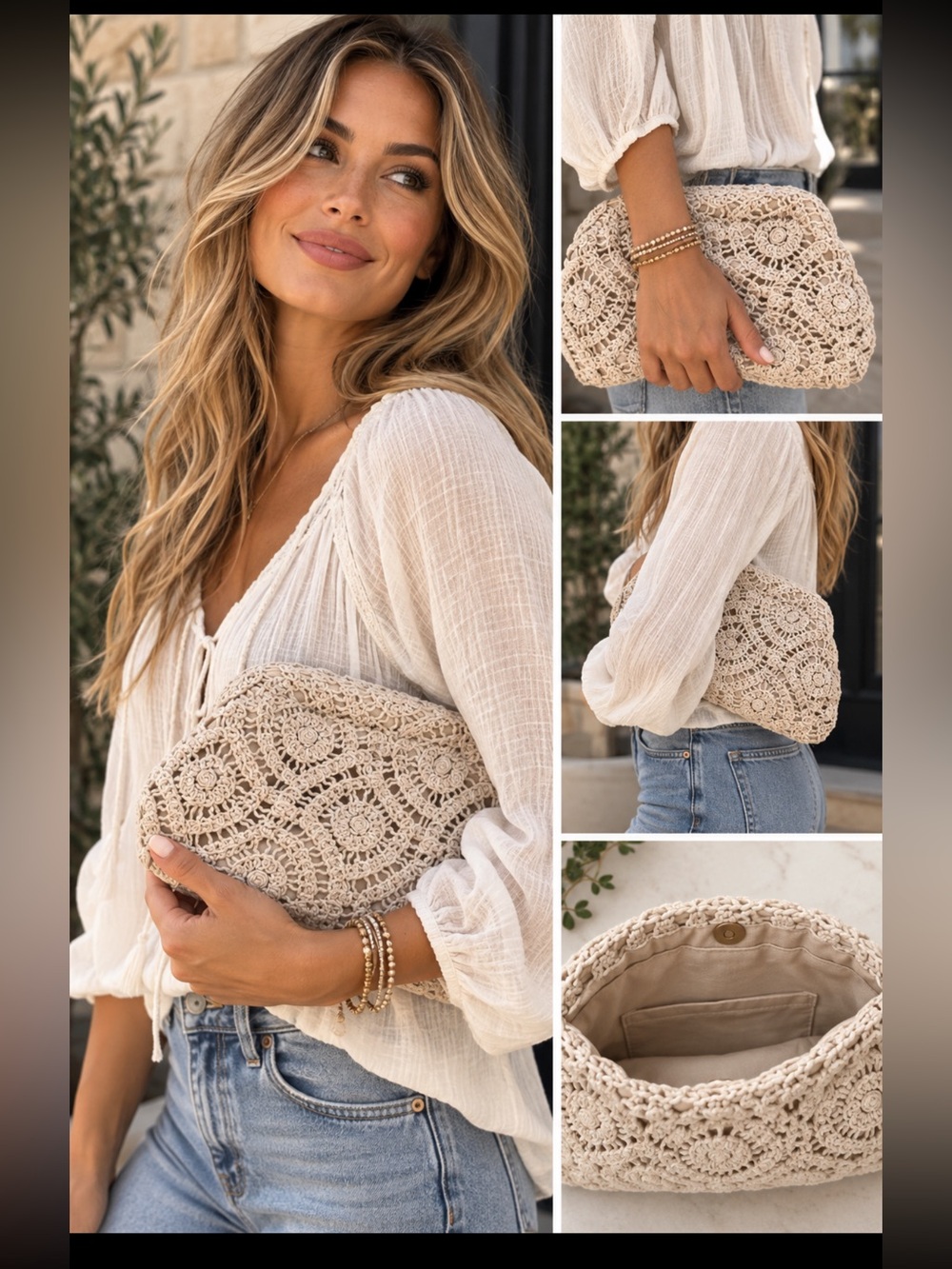 Crochet Lace Clutch Bag - Cream